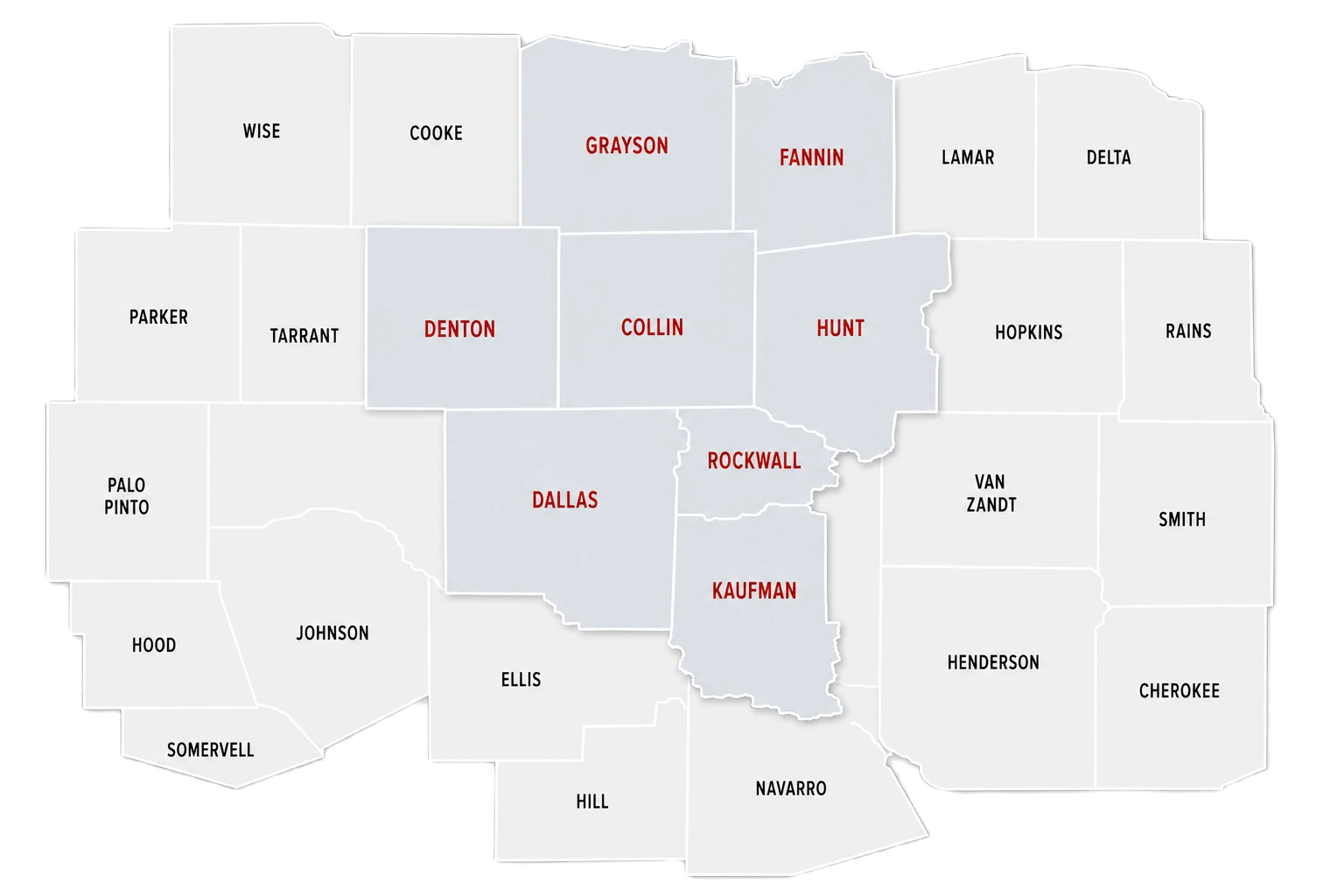 North Texas service-area overview. Counties labeled in red: Collin, Denton, Grayson, Fannin, Hunt, Dallas, Rockwall, and Kaufman.